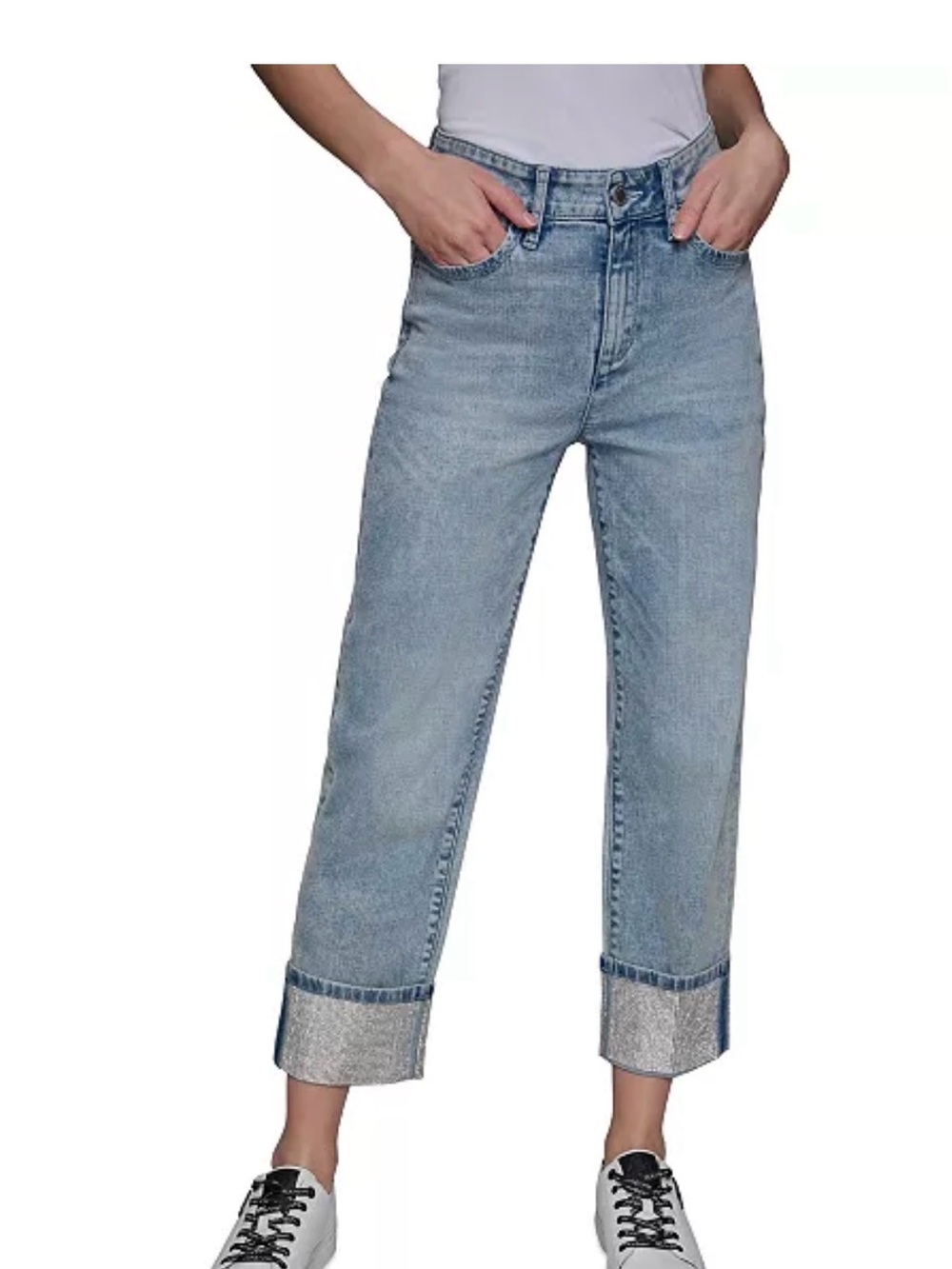 New Women Karl Lagerfeld Paris Crystal-Cuff Cropped Jeans- Ice Blue, Sz 2, $129 - Picture 1 of 12